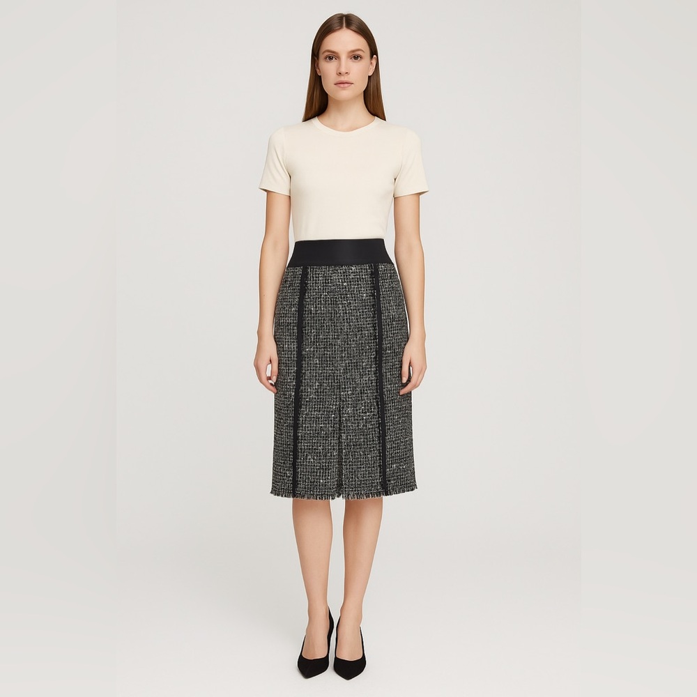 Laurel European Chic Black and Gray Tweed Midi Skirt